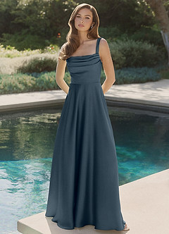 Azazie Shaude Vestidos de damas de honor Vestido de Crepúsculo de Satén Elástico de Línea A con Plisado image4