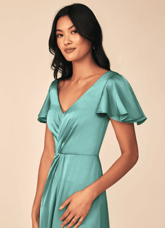 Azazie Soren Bridesmaid Dresses Aqua A-Line Pleated Stretch Satin Dress image10