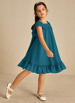 Azazie Tot Flower Girl Dresses Ink Blue A-Line with Sleeves Chiffon Dress image1