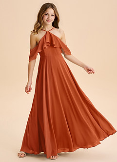 Azazie Tessabelle Junior Burnt Orange A-Line Off the Shoulder Chiffon Dress image4