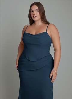 Azazie Sorrel Vestidos de damas de honor Vestido Azul Marino Oscuro de Gasa de Corte Sirena con Corsé image17