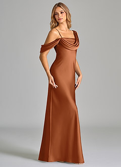 Azazie Celina Bridesmaid Dresses Copper Sheath Off the Shoulder Stretch Satin Dress image4