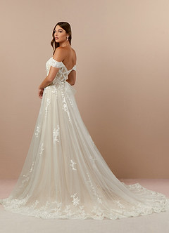 Azazie Botanica Wedding Dresses Diamond White Nude A-Line Off the Shoulder Tulle Dress image1