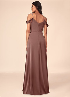 Azazie Ocean Robes de demoiselle d'honneur Robe Trapèze en Satin extensible Col V plissé Expresso image2