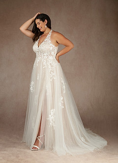 Azazie Dysis Wedding Dresses Diamond White Champagne A-Line Halter Sequins Tulle Dress image10