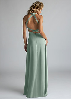 Azazie Clarice Kleider zum Anprobieren zu Hause Eine Linie Hoher Kragen Stretch-Satin Kleid Agave image3