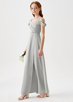 Azazie Ocean Junior Silver A-Line Off the Shoulder Stretch Satin Dress image3