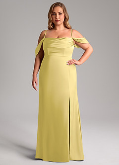 Azazie Saige Abiti da Damigella Abito Tubino in Raso Elasticizzato a Spalla Scoperta Canarino image15