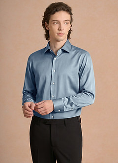 front Julian Dusty Blue Stretch Satin Dress Shirt