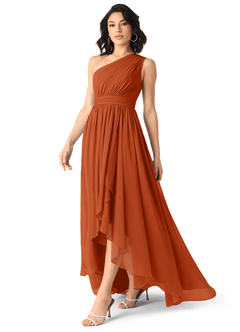Azazie Mathilda Robes de demoiselle d'honneur Robe Trapèze en Mousseline de soie Ue épaule Orange Brûlée image3