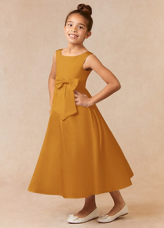 Azazie Lindy Flower Girl Dresses Butterscotch A-Line Pleated Matte Satin Dress image1