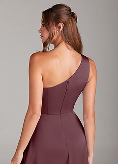 Azazie Brooke Bridesmaid Dresses Sangria A-Line One Shoulder Stretch Satin Dress image2