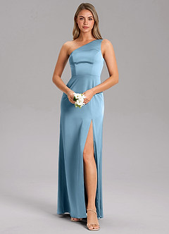 Azazie Feby Bridesmaid Dresses Steel Blue A-Line One Shoulder Stretch Satin Dress image1