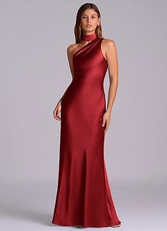 Azazie Seona Vestidos de madrinha de casamento Vestido Escarlate de Cetim elástico de sereia com Ombro Único image1