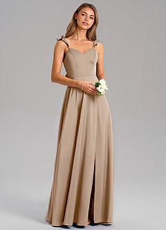 Azazie Everett Bridesmaid Dresses Taupe A-Line Stretch Satin Dress image1
