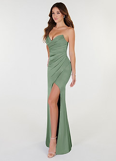 Azazie Yola Bridesmaid Dresses Matcha Sheath V-Neck Pleated Stretch Satin Convertible Dress image3