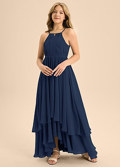 Azazie Elliora Junior Dark Navy A-Line Pleated Chiffon Dress image4
