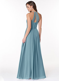 Azazie Ginger Bridesmaid Dresses Moody Blue A-Line Halter Pleated Chiffon Dress image4