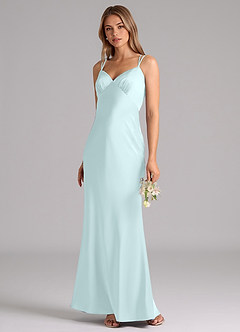 Azazie Suttona Bridesmaid Dresses Sea Glass A-Line Pleated Stretch Satin Dress image4