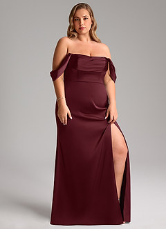 Azazie Saige Robes de demoiselle d'honneur Robe Fourreau en Satin extensible Épaule décolletée Cabernet image13