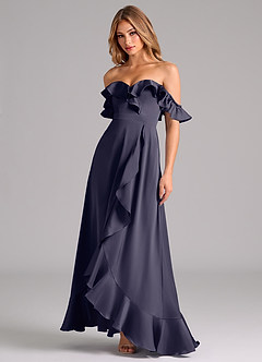 Azazie Lyra Bridesmaid Dresses Stormy A-Line Off the Shoulder Stretch Satin Convertible Dress image4
