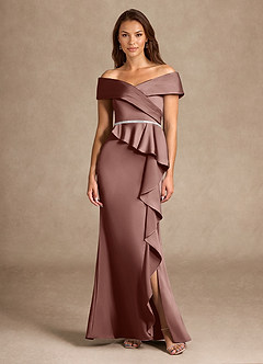 Azazie Dareia Mother of the Bride Dresses Espresso Mermaid Off the Shoulder Stretch Satin Dress image1