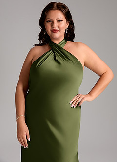 Azazie Lorena Bridesmaid Dresses Olive Mermaid Pleated Stretch Satin Dress image12