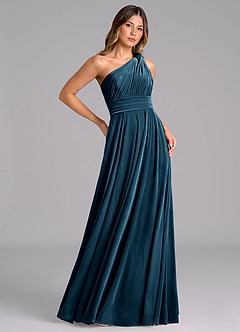 Azazie Charlize Bridesmaid Dresses Blue Topaz A-Line One Shoulder Velvet Dress image4