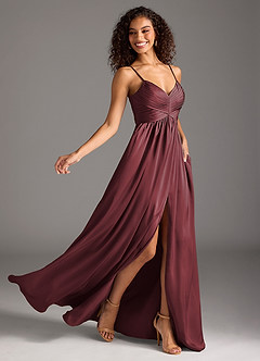 Azazie Alia Bridesmaid Dresses Merlot A-Line Pleated Stretch Satin Dress image2