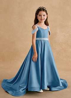 Azazie Jodi Flower Girl Dresses Steel Blue A-Line Matte Satin Dress image3