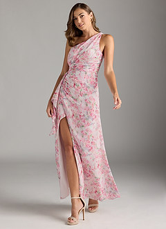 Azazie Maive Bridesmaid Dresses Abstract Watercolor Floral Sheath Pleated Ruffle Chiffon Dress image5