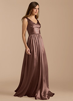Azazie Keyla Bridesmaid Dresses Espresso A-Line Pleated Metallic Satin Dress image7