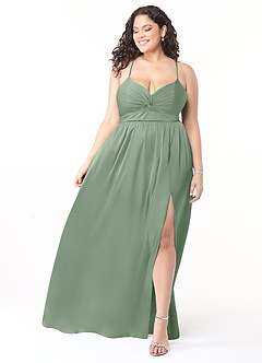 Azazie Raya At-home Try On Dresses Matcha A-Line V-Neck Pleated Stretch Satin Dress image7