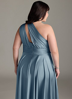 Azazie Charlize Robes de demoiselle d'honneur Robe Trapèze en Satin extensible Ue épaule Bleu Poussiéreux image8