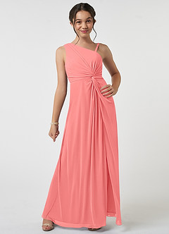 Azazie Brooke Junior Abito A-Line in Maglia Plissettato Corallo image1
