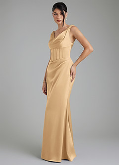 Azazie Spencer Bridesmaid Dresses Gold Mermaid Pleated Stretch Satin Dress image3