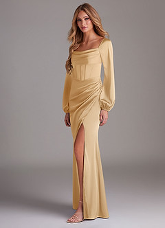 Azazie Charissa Brautjungfernkleider Etui Langarm Stretch-Satin Kleid Gold image5