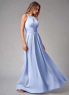 Azazie Bonnie At-home Try On Dresses Dusty Blue A-Line Pleated Stretch Satin Dress image4