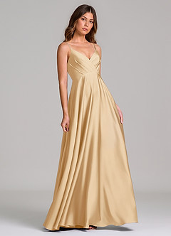 Azazie Amani Bridesmaid Dresses Gold A-Line Pleated Stretch Satin Dress image1