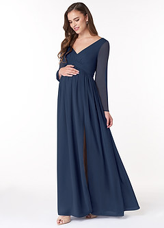 Azazie Teton At-home Try On Dresses A-Line Long Sleeve Chiffon Floor-Length Dress image3