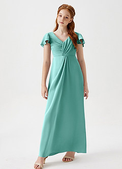 Azazie Soren Junior Aqua A-Line Ruched Stretch Satin Dress image4