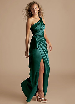 Azazie Maive Bridesmaid Dresses Pine Sheath Ruched Metallic Satin Dress image5