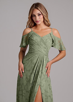 Azazie Dakota Bridesmaid Dresses Pistachio A-Line Off the Shoulder Floral Burnout Dress image3