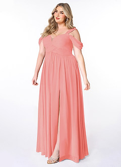 Azazie Lianne Bridesmaid Dresses Coral A-Line Off the Shoulder Chiffon Dress image9