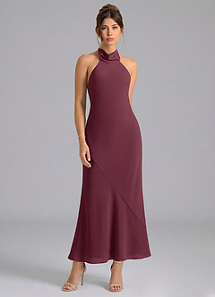 Azazie Velli 신부 들러리 드레스 인어 하이넥 쉬폰 발목 길이 드레스 image5