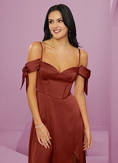 Barbie ♥ Azazie Bridesmaid Dresses Terracotta A-Line Off the Shoulder Stretch Satin Dress image5