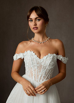 Azazie Sorel Wedding Dresses Diamond White Ball-Gown Off the Shoulder Lace Dress image7