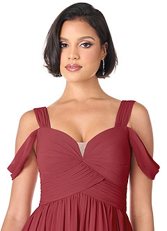Azazie Lianne Bridesmaid Dresses Pomegranate A-Line Off the Shoulder Chiffon Dress image5