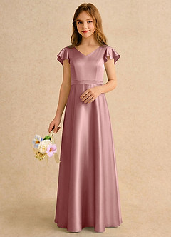 Azazie Nari Girls Formal Robe Demoiselle D'honneur Fillette Robe Trapèze en Satin extensible avec manches Rose Poussiéreuse image3