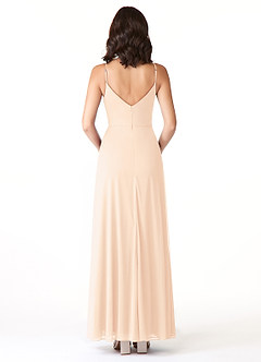 Azazie Evalin Bridesmaid Dresses Pearl Pink A-Line V-Neck Pleated Mesh Dress image2